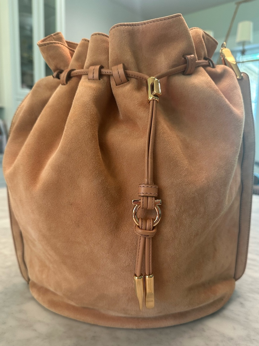 Salvatore Ferragamo Suede Drawstring Bucket Bag - Tan/Peach